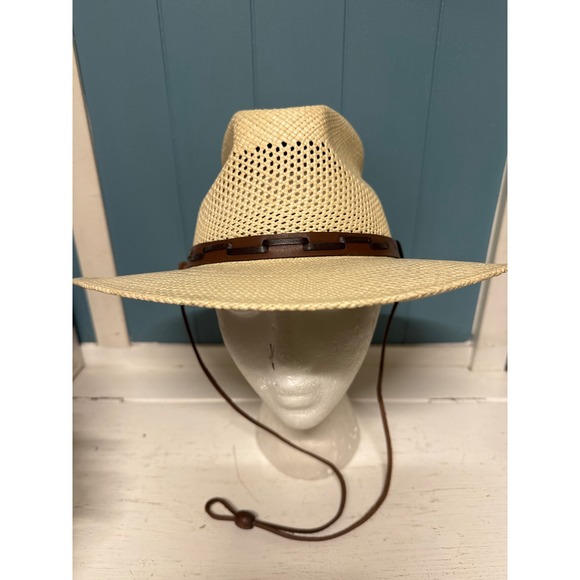 Stetson Straw Cowboy Hat Wide Brim Sun Protection Leather Band Chinstrap Sz S